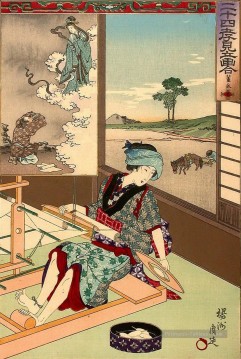 Japonais œuvres - Nijushi Ko Mitate e awase représente une femme tissage Toyohara Chikanobu japonais